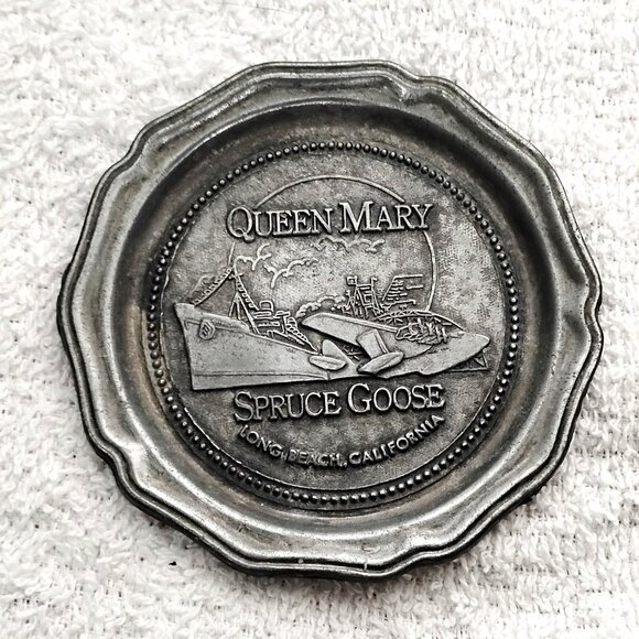 Vintage Metal Coaster/Ashtray Queen Mary Ship Spruce Goose Airplane Collectible - Picture 1 of 3